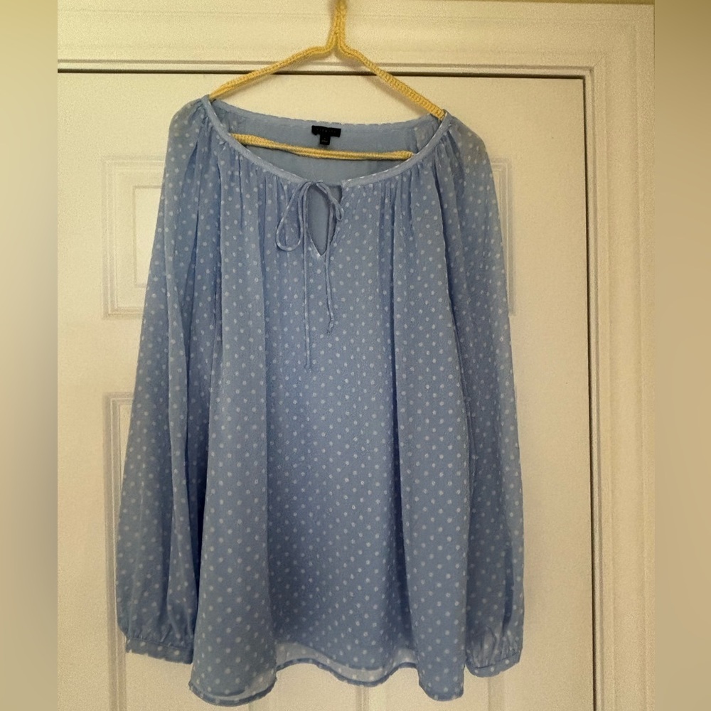 Ladies Baby Blue “Peasant” blouse with White polka dots - size Large